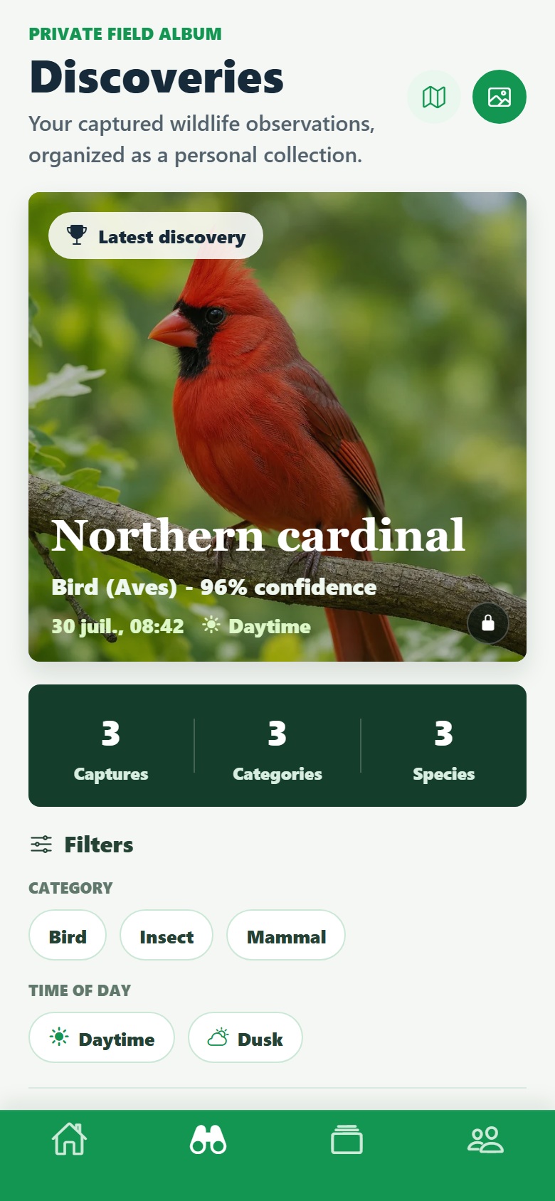 Page Découvertes montrant un Cardinal rouge, les statistiques du carnet et ses filtres