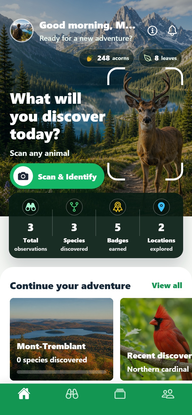 Accueil de SylvariaDex avec le cerf à identifier, les statistiques et les aventures de Mont-Tremblant